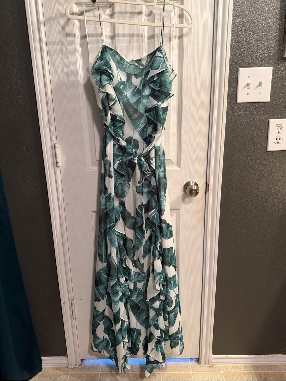 Chelsea28 White Maxi Dress with Green Leaf Print and Ruffle Trim